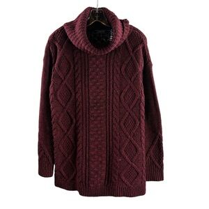 LANDS END SIZE SMALL MAROON CABLE LONG SLEEVE TURTLE NECK COTTON BLEND SWEATER